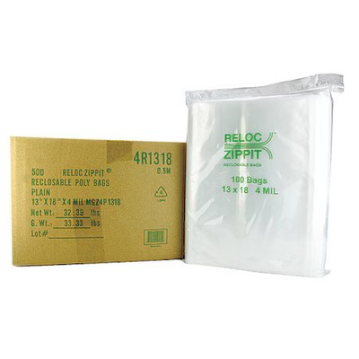 Reloc Zippit 4R1318 Reclosable Bag, Zip Seal, 18 In L, 13 In W, 4 Mil Thick,