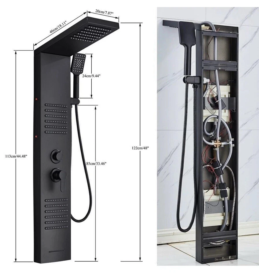 Sistema de torre de panel de ducha negro mate juego de grifos chorros de masaje lluvia y cascada Foto 2 de 4