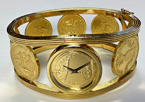 Authentic Franklin Mint Golden Caribbean Coin Vintage Bangle Watch 22K Gold Plated ‘as is’