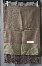 VTG Reversible Jacquard Paisley Pashmina Shawl / Scarf Brown Olive with Fringe