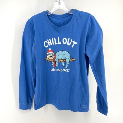 Life Is Good Chill Out Sloth Crusher Tee Women's Medium Blue Christmas Graphic