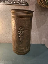 Vintage Pounded Brass Finish Umbrella Stand W/Original Label, 17" Tall-Very Good