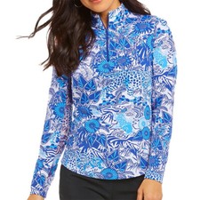 NWT Ladies IBKUL BAMBOO GARDEN BLUE Long Sleeve Mock Golf Shirt - M  L
