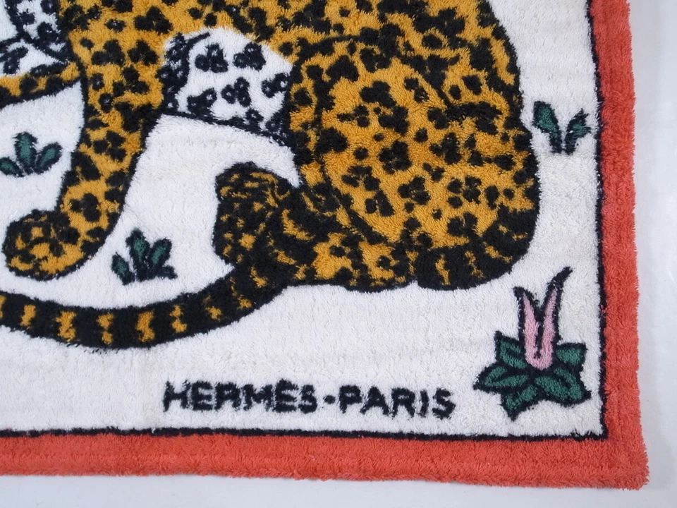 HERMES Paris Algodón Toalla de Playa Alfombra de Baño Toalla Leopardos 95×64cm Excelente Foto 3 de 4