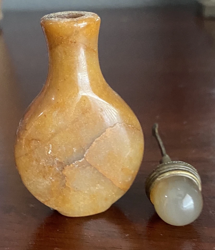 "Botella de tabaco de piedra amarilla china de colección tapa de cúpula de ágata latón 3""" Foto 4 de 4