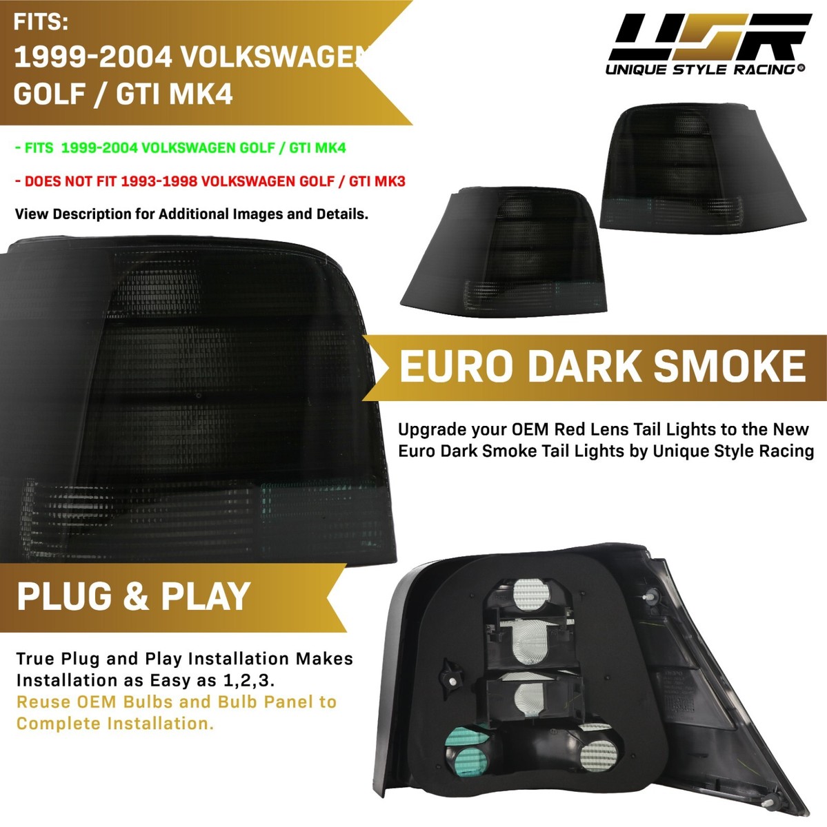 OE EURO E-Code Style BLACK SMOKE Rear Tail Light For 99-04 VW Golf