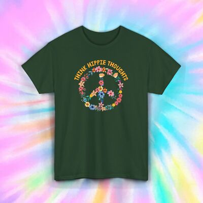 Think Hippie Thoughts T-Shirt Floral Peace Sign Retro Boho Tee S-5XL