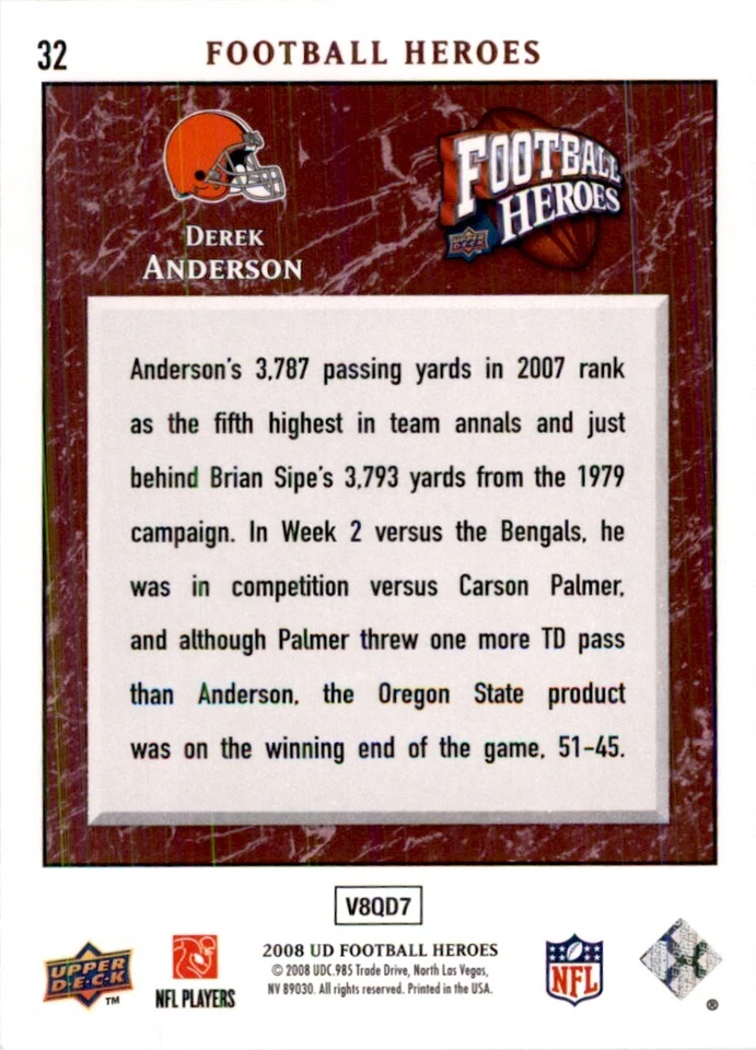 2008 Upper Deck Heroes Derek Anderson Football Cards #32 - Image 2 of 2