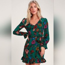 BB DAKOTA Size 4 Hunter Green Floral Mini Dress Ruffle Hem Ruffle Sleeves Belt