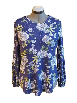 One World Live And Let Live Blue Lavender Knit Stretch Top Balloon Sleeves Small