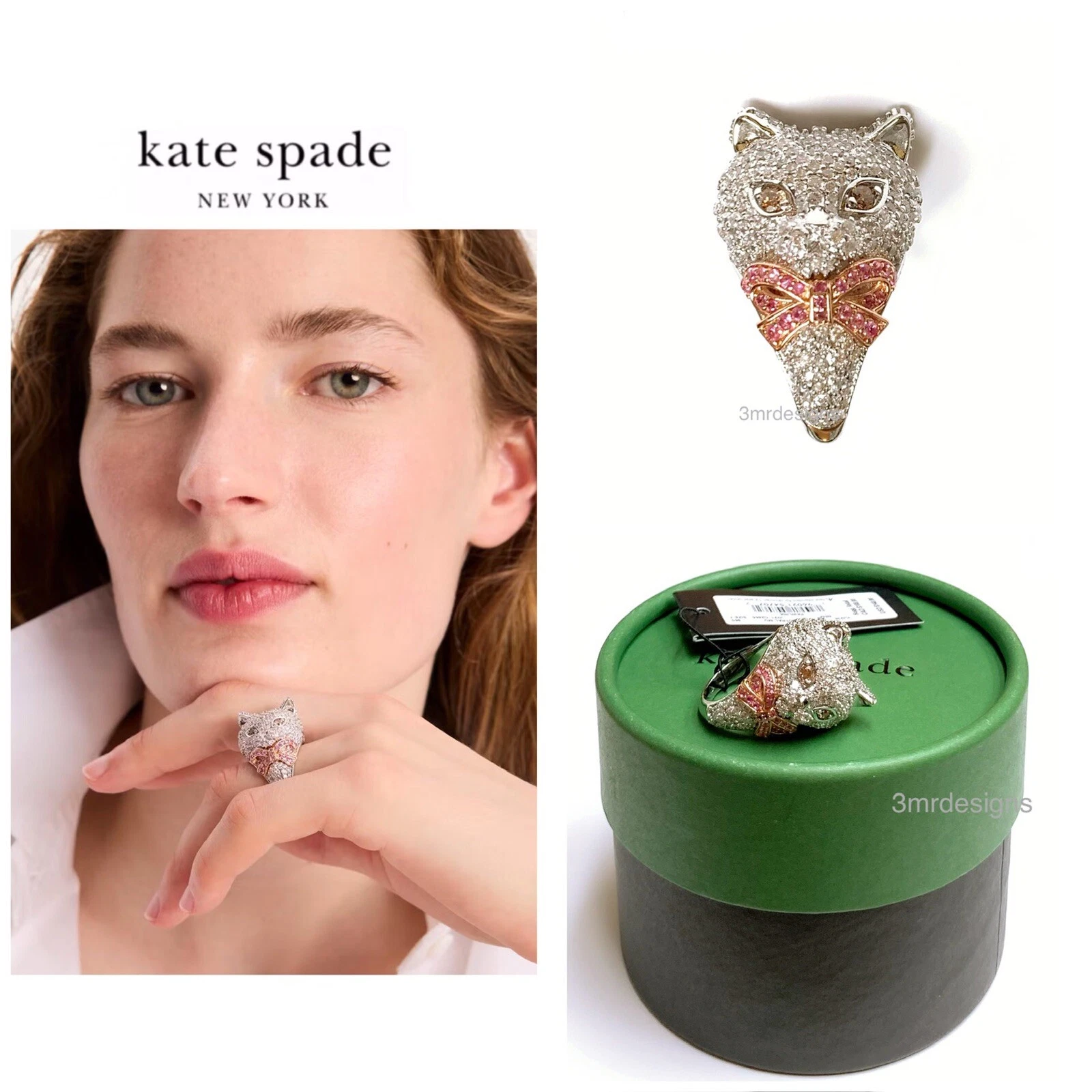 Anello in corindone ricostituito con zirconi placcati oro 12 carati Kate Spade PAWLINA NUOVO CON ETICHETTE taglia 7