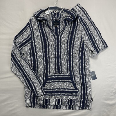 $119 NEW Lucky Brand Men s Large L Baja Hoodie Sweater Blue White Striped Cotton