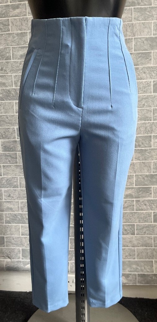 BNWT Ladies ZARA Light Cornflower Blue High Rise Tapered Trousers Size