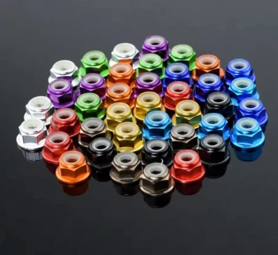 RC Wheel Nuts Nyloc Anodised Aluminium Flanged M4. For Tamiya, Traxxas, HPI ect