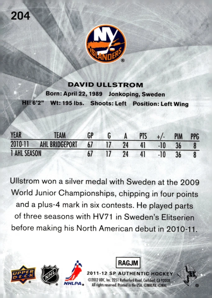 David Ullstrom - Signed 2011-12 SP Authentic Future Watch /999 Rookie Card #204 - Image 2 of 2