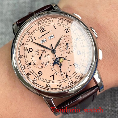 Corgeut 42mm Pink Dial Day Week Month Multifunction Automatic Mens Watch Leather - Picture 2 of 10