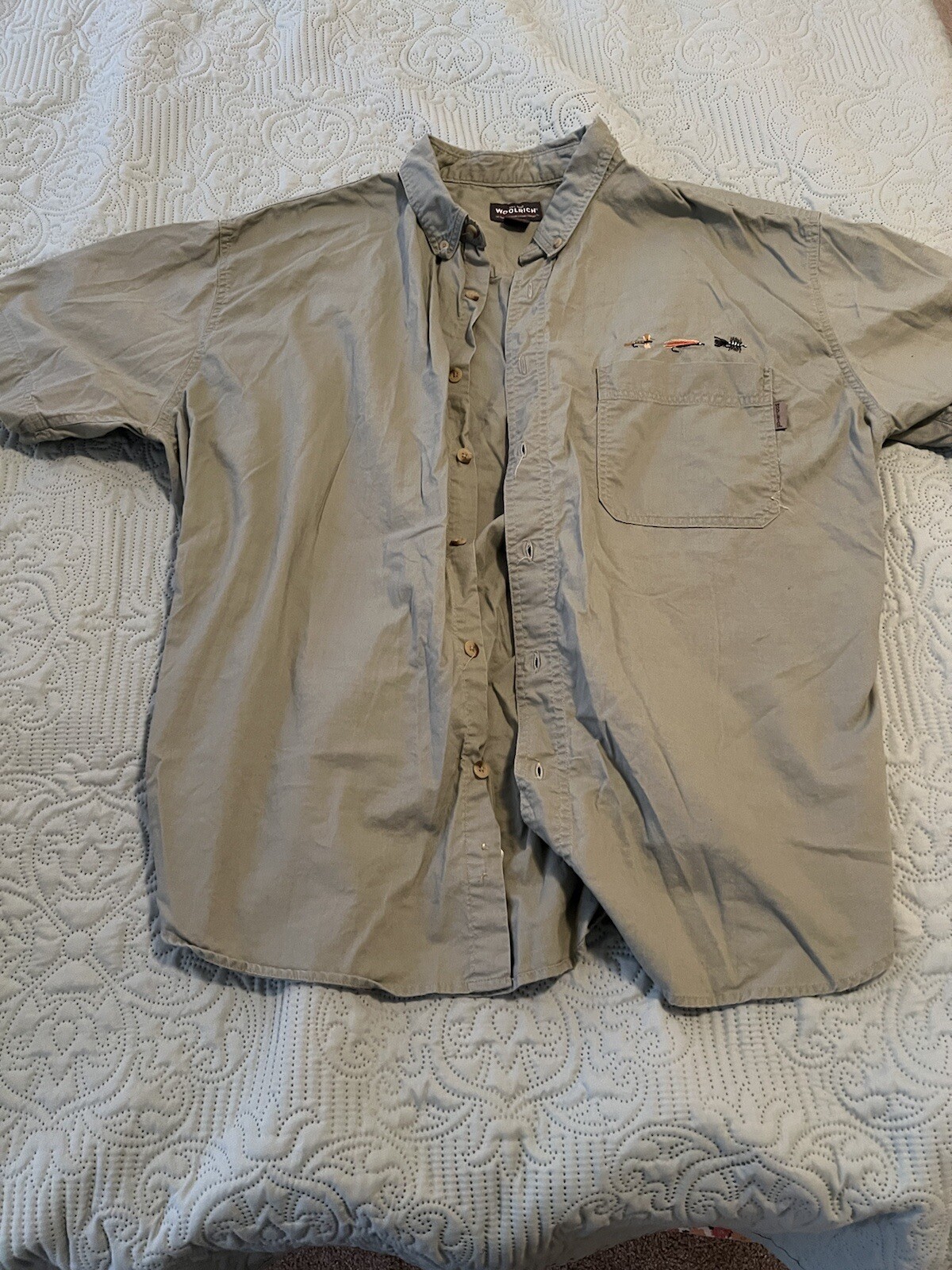 Woolrich Fly Fishing Shirt Mens Green Short Sleeve Button Up Cotton