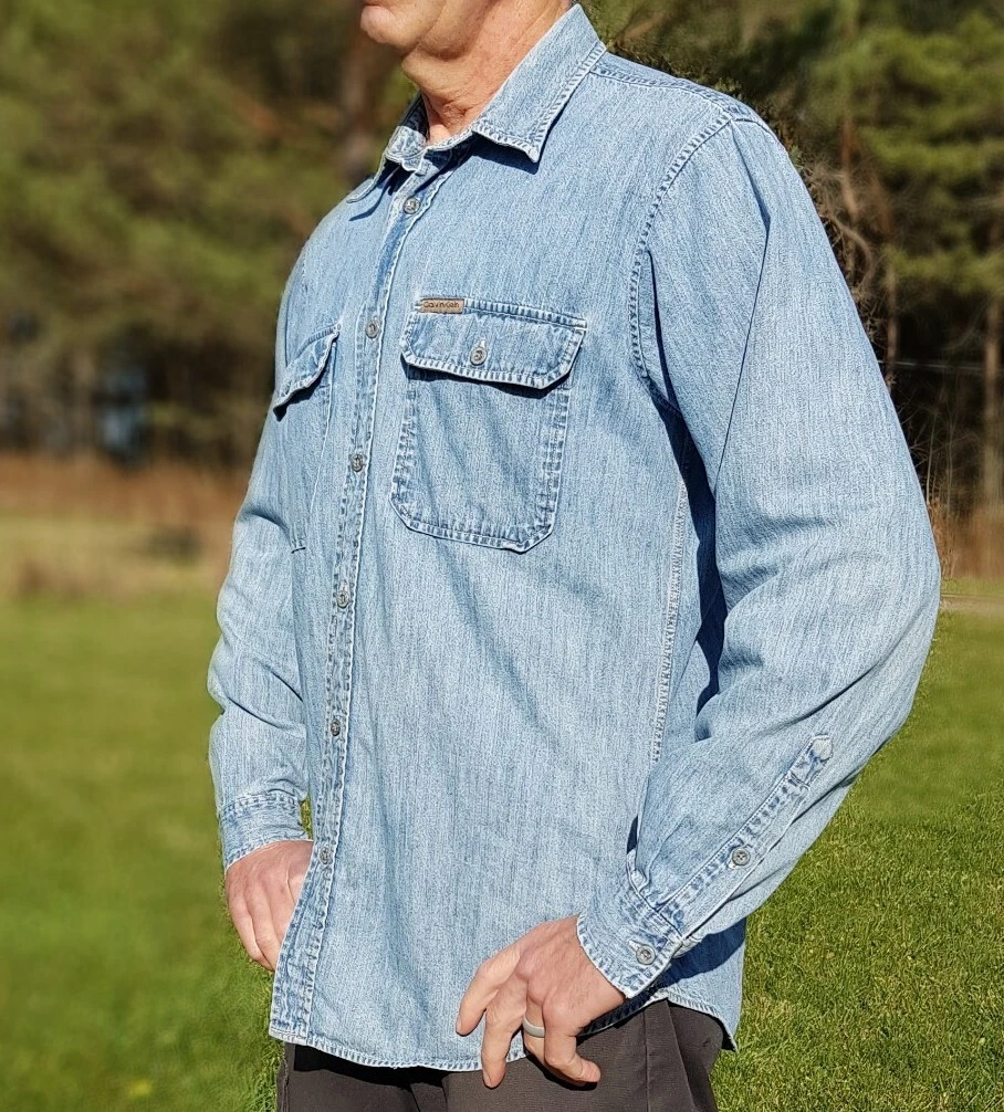 Vintage 90s Calvin Klein Denim Work Shirt Blue Button Up Long Sleeve Cotton Med