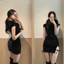 Women Retro Black Velvet Cheongsam Tie Side Split Dress Bodycon Party Nightclub
