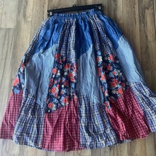 VTG DENIM Patchwork Midi Skirt Cotton Floral Boho S/M P Cottagecore 90s Peasant