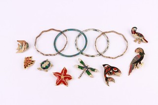 Vintage Enamel Jewelry Animal Collection Brooches Floral Bangels x12 121.85g
