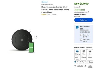 iRobot Roomba Vac Essential Robot Vacuum Cleaner Automatic Wi-Fi Pet Hair Q01342