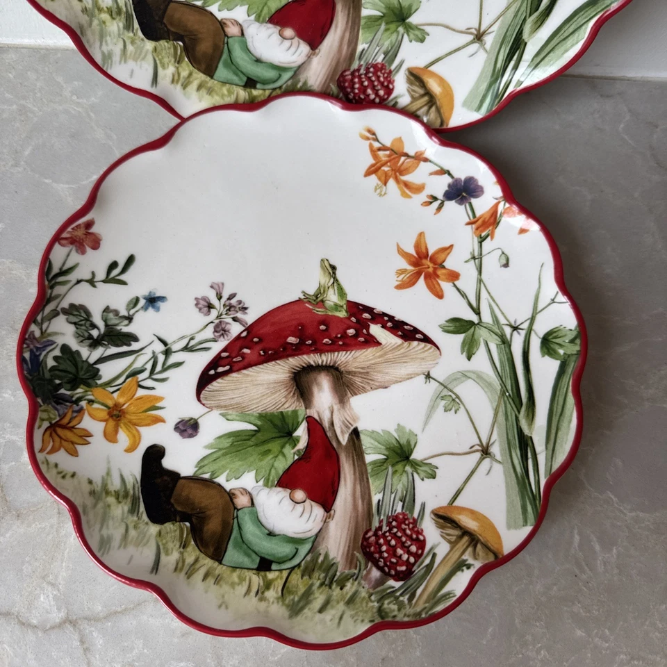 NEW NWT SET 2 Cracker Barrel Sleeping Gnome Mushroom Frog Flowers 8.25” Plate - Image 2 of 4