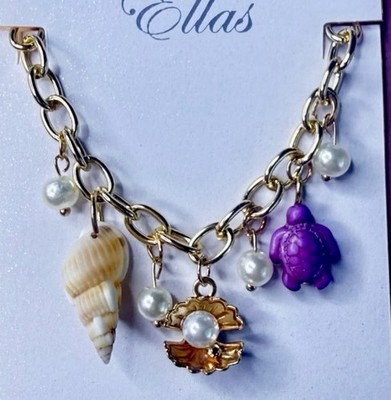 Bracelet Purple Turtle Ocean Charm Link Bracelet Shell Pearl Gold Tone