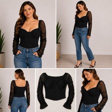 Windsor Black Corset Crop Top Medium Mesh Ruched Long Sleeve Bustier