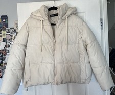 ZARA Women’s Beige Patent Leather Hooded Quilted Puffer Jacket Full Zip S