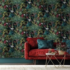 Image of Black Jungle Paradise Wallpaper Exotic Birds Vibrant Greenery Wildflowers
