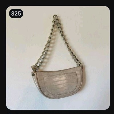 Zara Cream Crocodile Embossed Crescent Shoulder Bag Gold Chain Strap Small Women