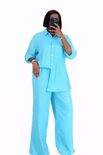 Women  s 2-Piece Set Blue Oversized Shirt Wide-Leg Pants Button Back Design
