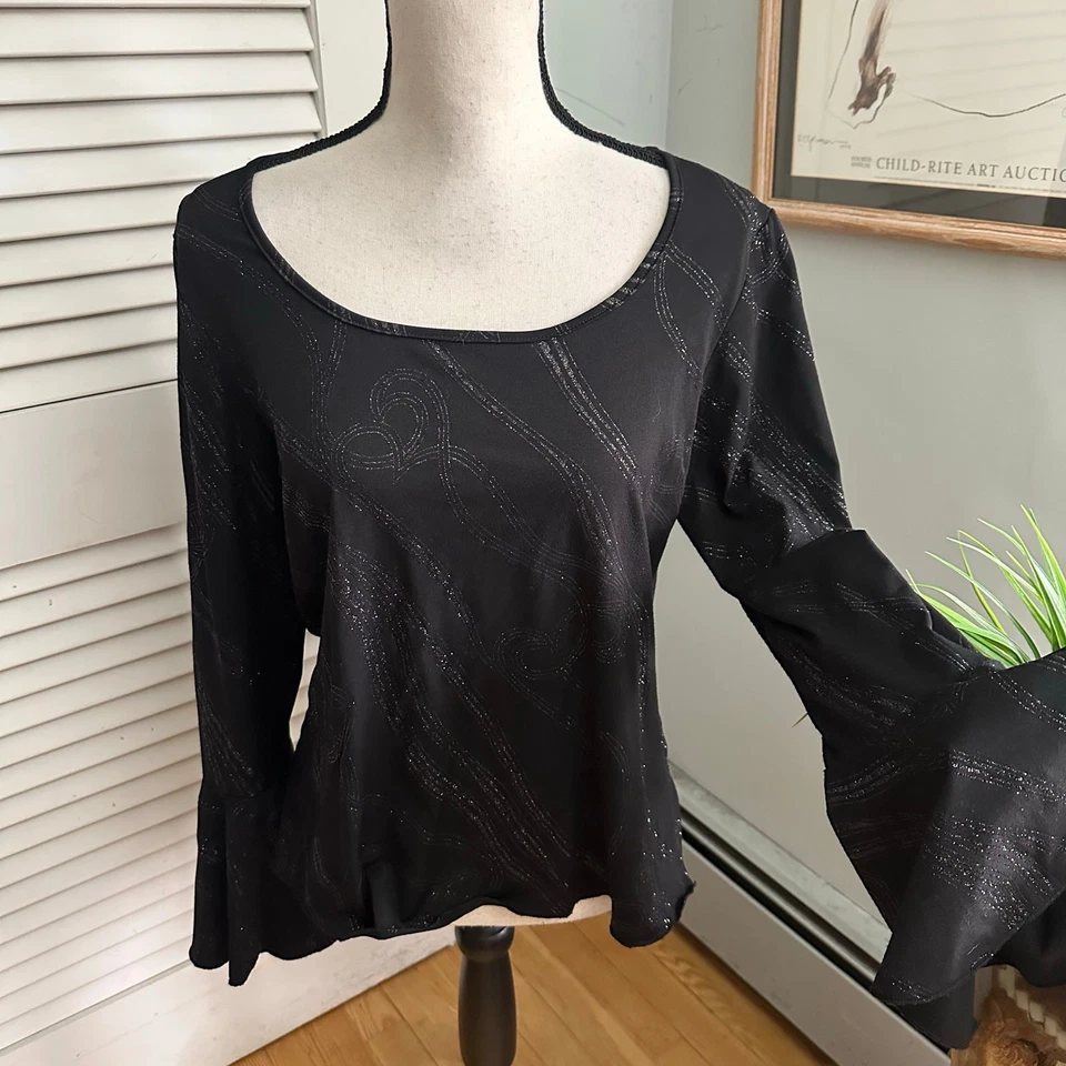 Top vintage DECAF para mujer XL negro metálico manga campana bruja vampiro hada grunge Foto 2 de 4