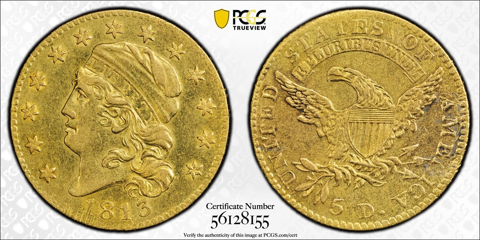 1813 $5 Five Dollar Capped Bust Gold Half Eagle PCGS AU Detail