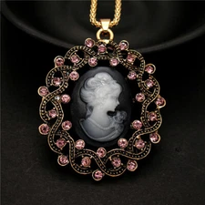 Fashion Women  Retro Memory Portrait Resin Pink Crystal Pendant Chain Necklace
