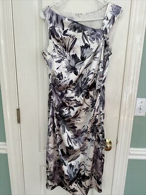 Maggy London Sleeveless Sheath Dress 12 Black White Satin Asymmetric Neck Floral | eBay Maggy London Sleeveless Sheath Dress 12 Black White Satin Asymmetric Neck Floral | eBay