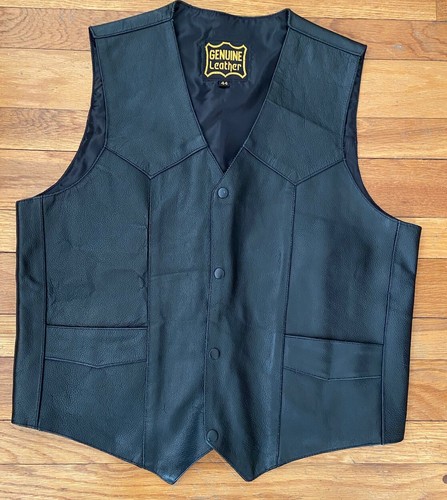 Genuine Leather Men’s Black Vest Western Cowboy Rodeo Snap Buttons Pockets Sz 44 - Picture 7 of 15