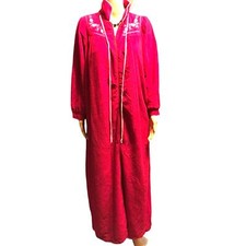 Vintage Katz women Red Full Zip Maxi nightgown Robe size M Pockets
