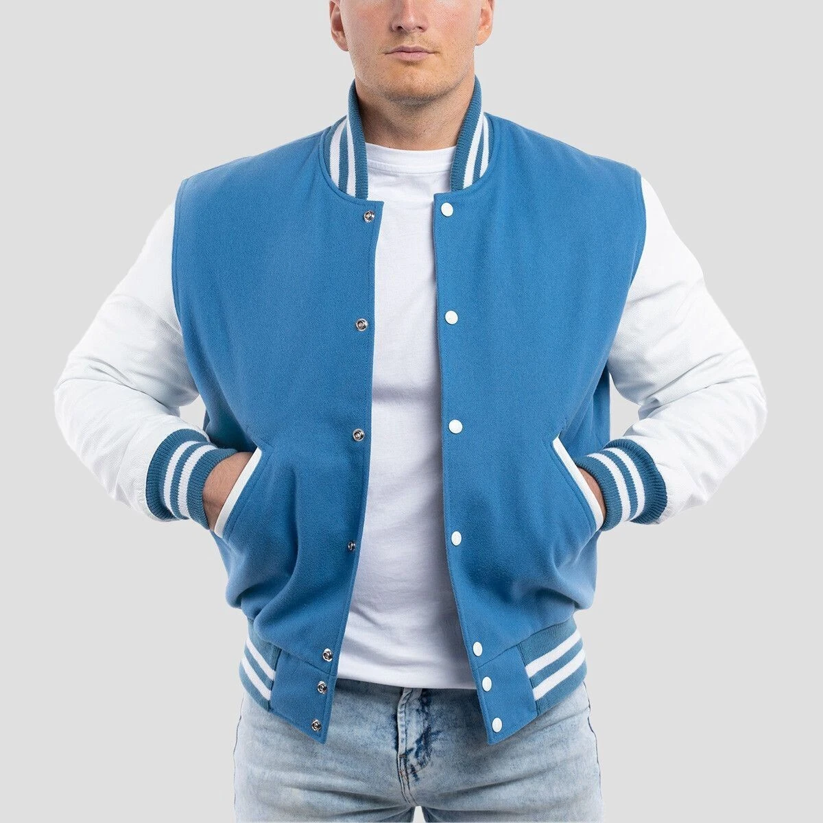 Men's Varsity Jacket - Classic Letterman Style, Royal Wool White Leather Sleeve