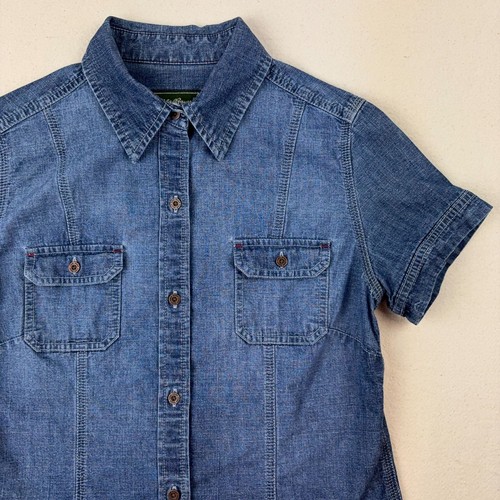 Eddie Bauer Denim Shirt Womens M Top Blue Jean Blouse Button Down Short Sleeve