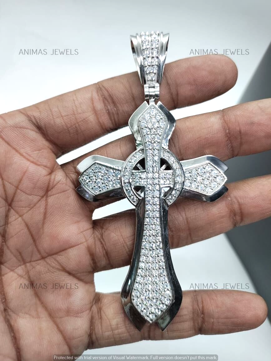925 Sterling Silver Lab-Created Diamond Men's Religious Big Cross  Pendant