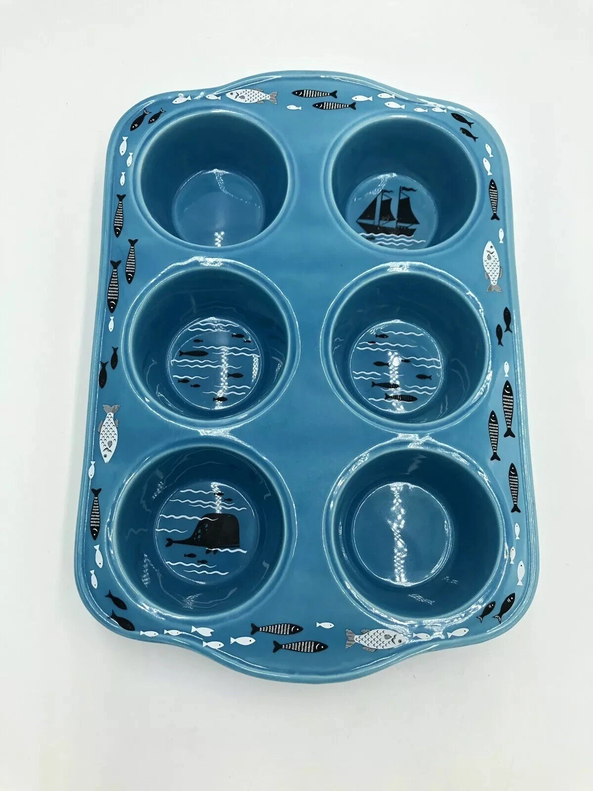 Kitsch n Glam Anthropologie Fish Sailboat Whale Cupcake Muffin pan bakeware