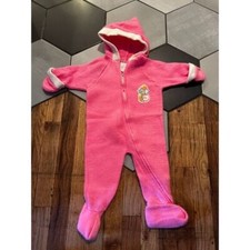 Vintage 70s Girls Pink Fleece Jumper bunting Coverall One Piece W/ Hood 9-18m