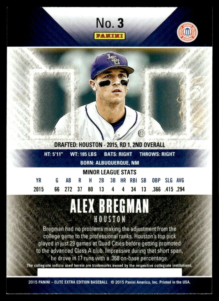 2015 Panini Elite Extra Edition Alex Bregman Rookie Houston Astros #3 - Image 2 of 2