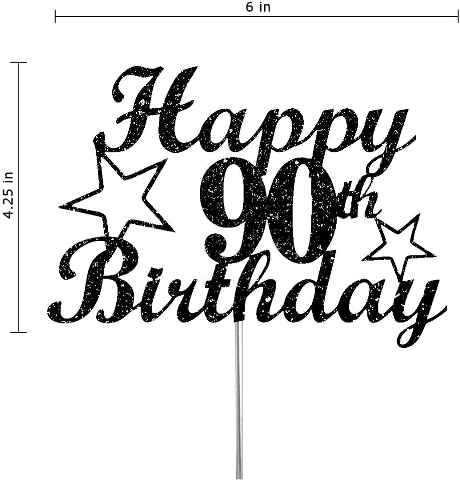 90 Cumpleaños Negro Brillo Pastel Topper, 90º Fiesta Decoración Ideas Foto 3 de 4