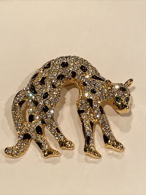 Cheetah Leopard Cat Black Enamel Green Eyes Rhinestones Goldtone BROOCH Pin GIFT