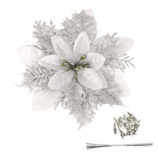 Pack of 12 Silver 5 Inch Glitter Flower Shape Christmas Hanging Ornaments Par...