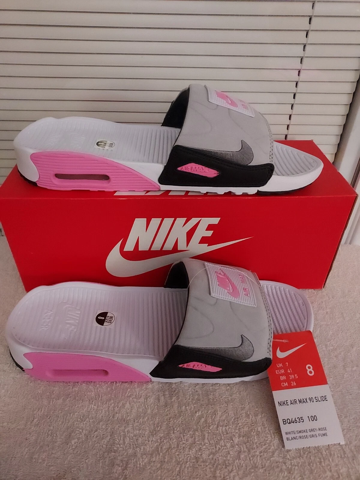 NIKE NIKE TAGLIA 8 BIANCO FUMO GRIGIO ROSA AIR MAX 90 SLIDES