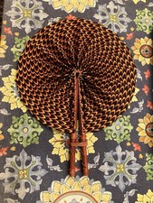 African Fabric Folding Hand Fan W/Leather Handle, Handmade Ankara Orange Black